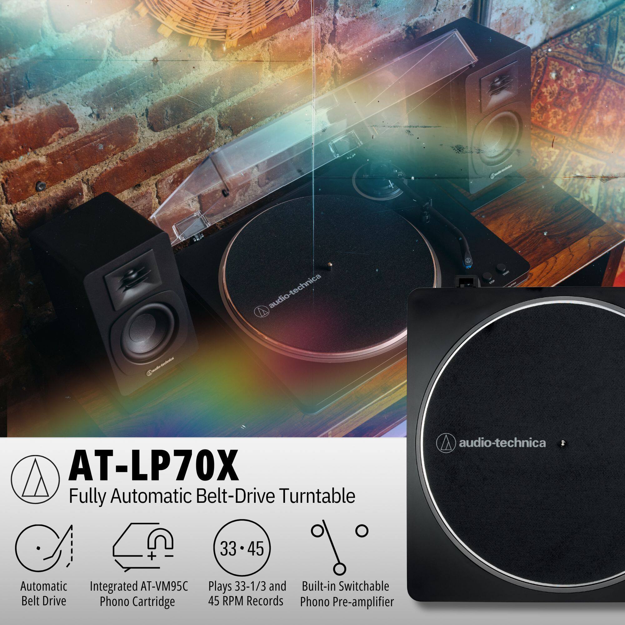 AT-LP70X  
Fully Automatic Belt-Drive Turntable

- Automatic Belt Drive
- Integrated AT-VM95C Phono Cartridge
- Plays 33-1/3 and 45 RPM Records
- Built-in Switchable Phono Pre-amplifier