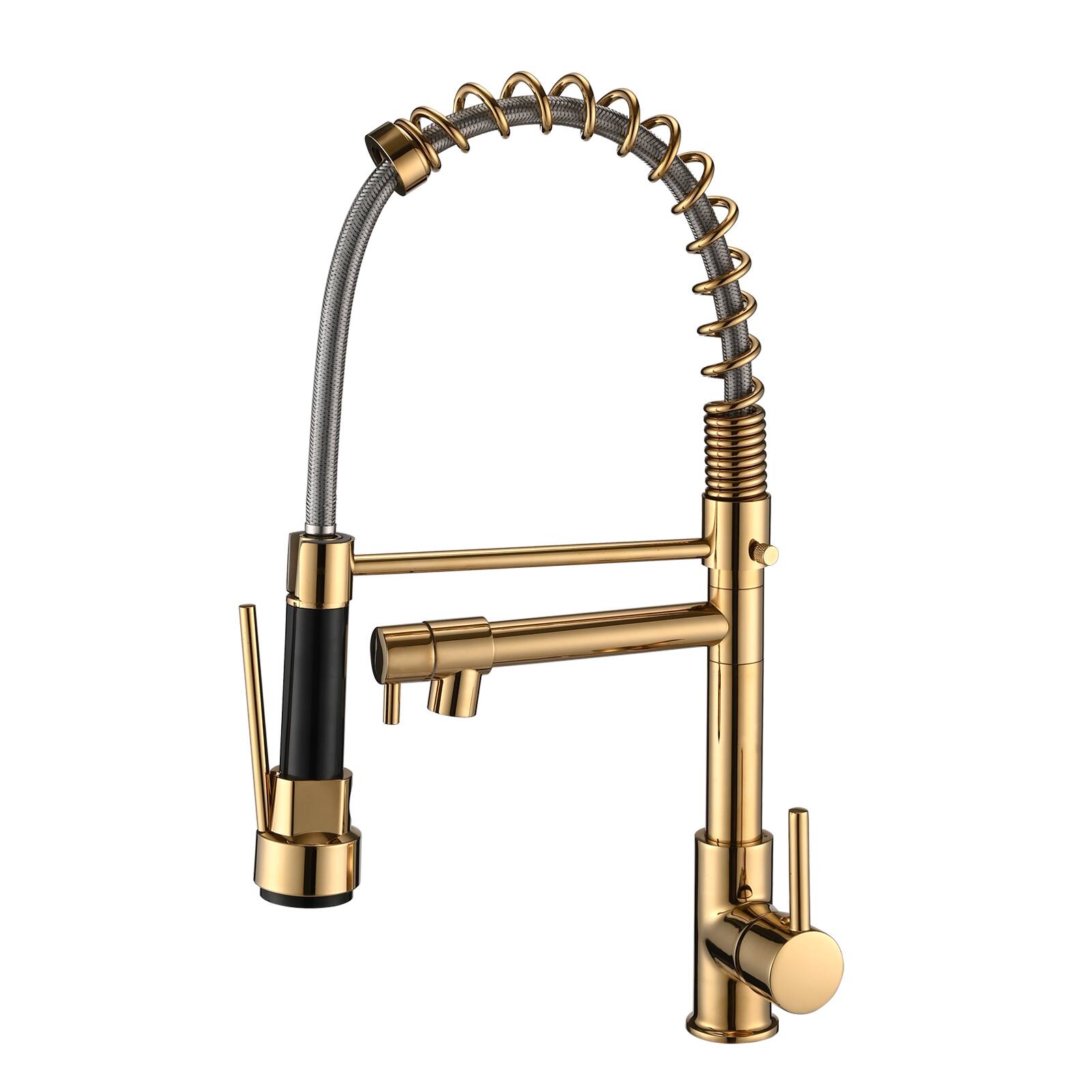 Front. Siljoy - Commercial Pull Down Kitchen Sink Faucet Single Handle Modern Kitchen Faucets - Polished Golden.