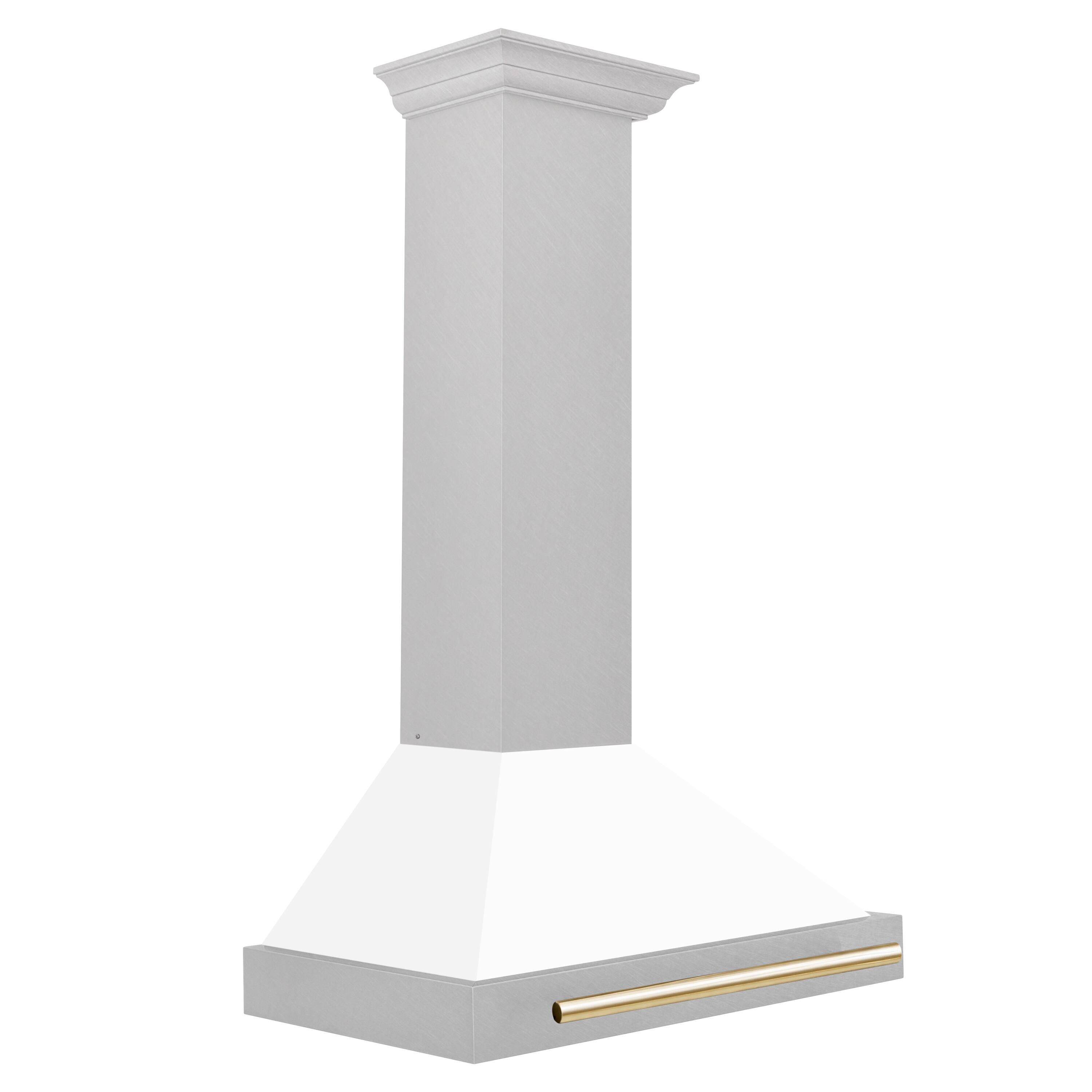 Left. ZLINE - Autograph 30 in. Convertible Satin Stainless Steel Wall Mount Range Hood with White Matte Shell and Polished Gold Handle - Stainless steel.