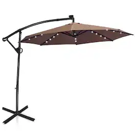 Pefilos - 10 ft 360° Rotation Solar Powered LED Patio Offset Umbrella without Weight Base-Tan, Patio Offset Umbrella - Brown