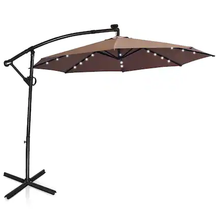 Front. Kadyn - 10 ft 360° Rotation Solar Powered LED Patio Offset Umbrella without Weight Base-Tan, Patio Offset Umbrella.