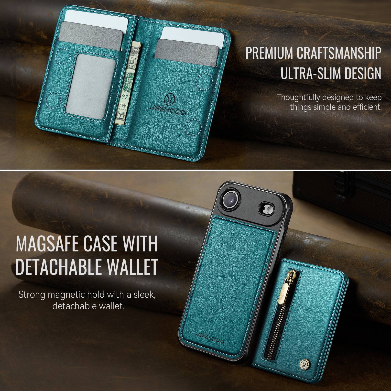 1. PREMIUM CRAFTSMANSHIP ULTRA-SLIM DESIGN  
   Thoughtfully designed to keep things simple and efficient.

2. MAGSAFE CASE WITH DETACHABLE WALLET  
   Strong magnetic hold with a sleek, detachable wallet.