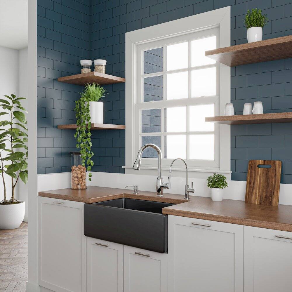 Alt View 4. Alfi - ALFI brand 30 Black Gloss Reversible Smooth / Fluted Single Bowl Fireclay Farm Sink - Black Gloss.