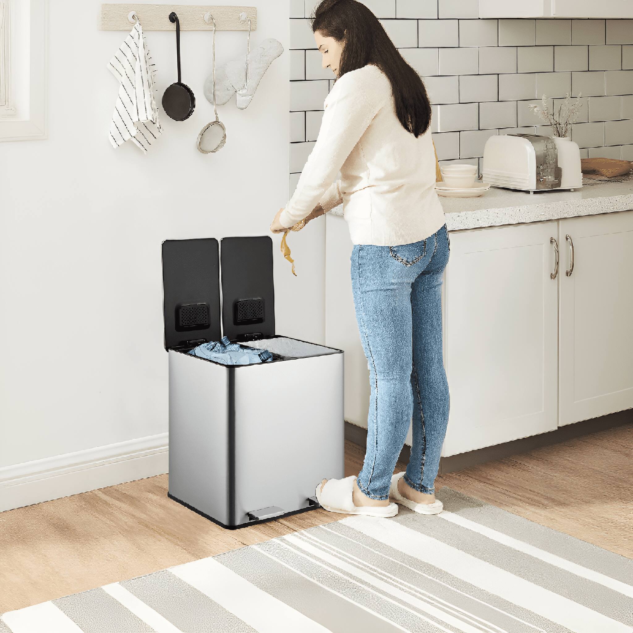 Angle. Homhougo - 8 Gallon Dual Trash Can, 2x4 Gallon with Soft Close Lid, Foot Pedal, Stainless Steel for Kitchen/Office - Silver.