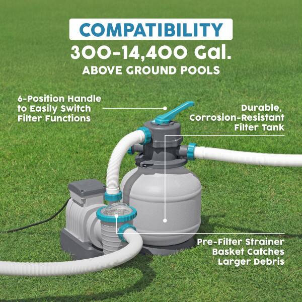 COMPATIBILITY  
300-14,400 Gal. ABOVE GROUND POOLS  

6-Position Handle to Easily Switch Filter Functions  
Durable, Corrosion-Resistant Filter Tank  
Pre-Filter Strainer Basket Catches Larger Debris