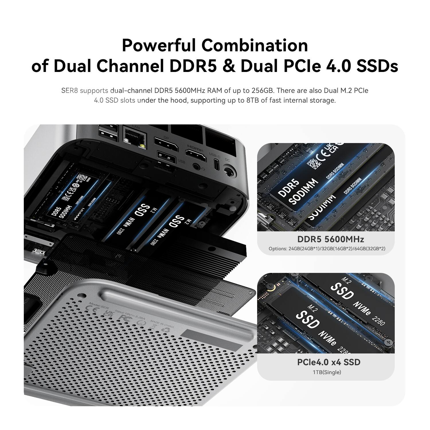 Powerful Combination of Dual Channel DDR5 & Dual PCle 4.0 SSDs

SER8 supports dual-channel DDR5 5600MHz RAM of up to 256GB. There are also Dual M.2 PCle 4.0 SSD slots under the hood, supporting up to 8TB of fast internal storage.

DDR5 5600MHz
Options: 24GB(24GB*1)/32GB(16GB*2)/64GB(32GB*2)

M.2 SSD NVMe 2280
PCle4.0 x4 SSD
1TB(Single)
