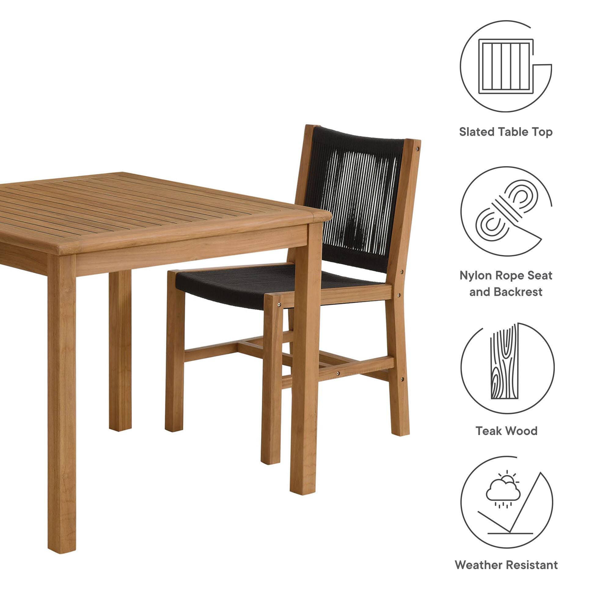 - Slated Table Top
- Nylon Rope Seat and Backrest
- Teak Wood
- Weather Resistant
