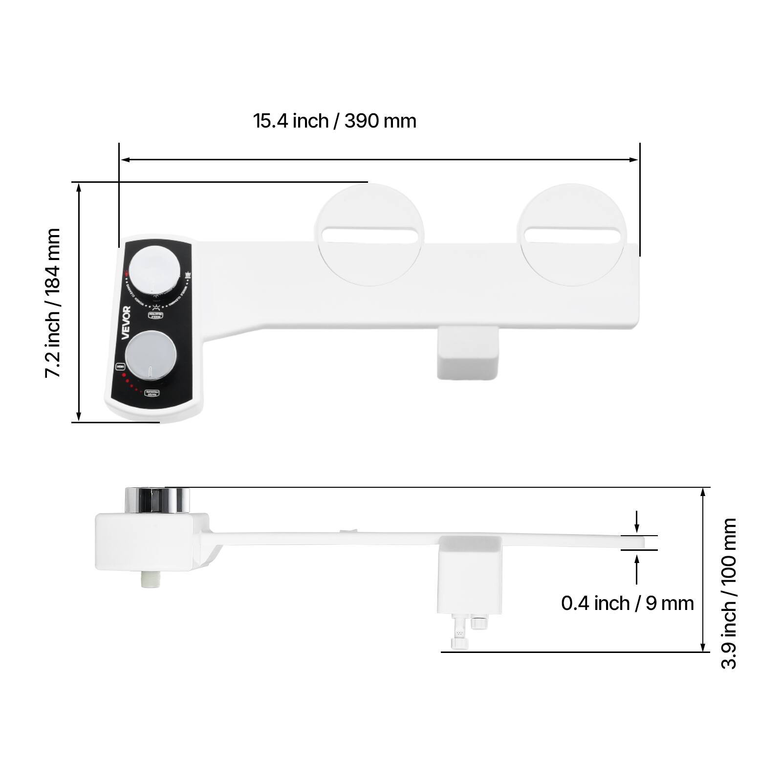 15.4 inch / 390 mm, 7.2 inch / 184 mm, 0.4 inch / 9 mm, 3.9 inch / 100 mm