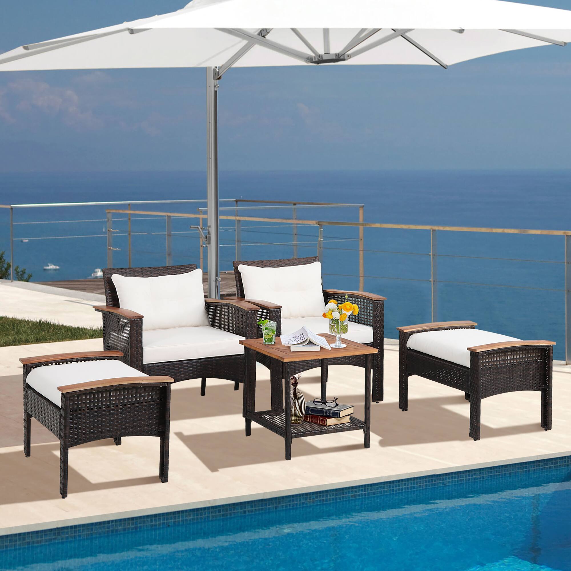 Alt View 3. Gymax - Gymax 5 PCS Patio Rattan Sofa Set Outdoor Wicker Conversation Set w/ Coffee Table & Cushion - Off White.