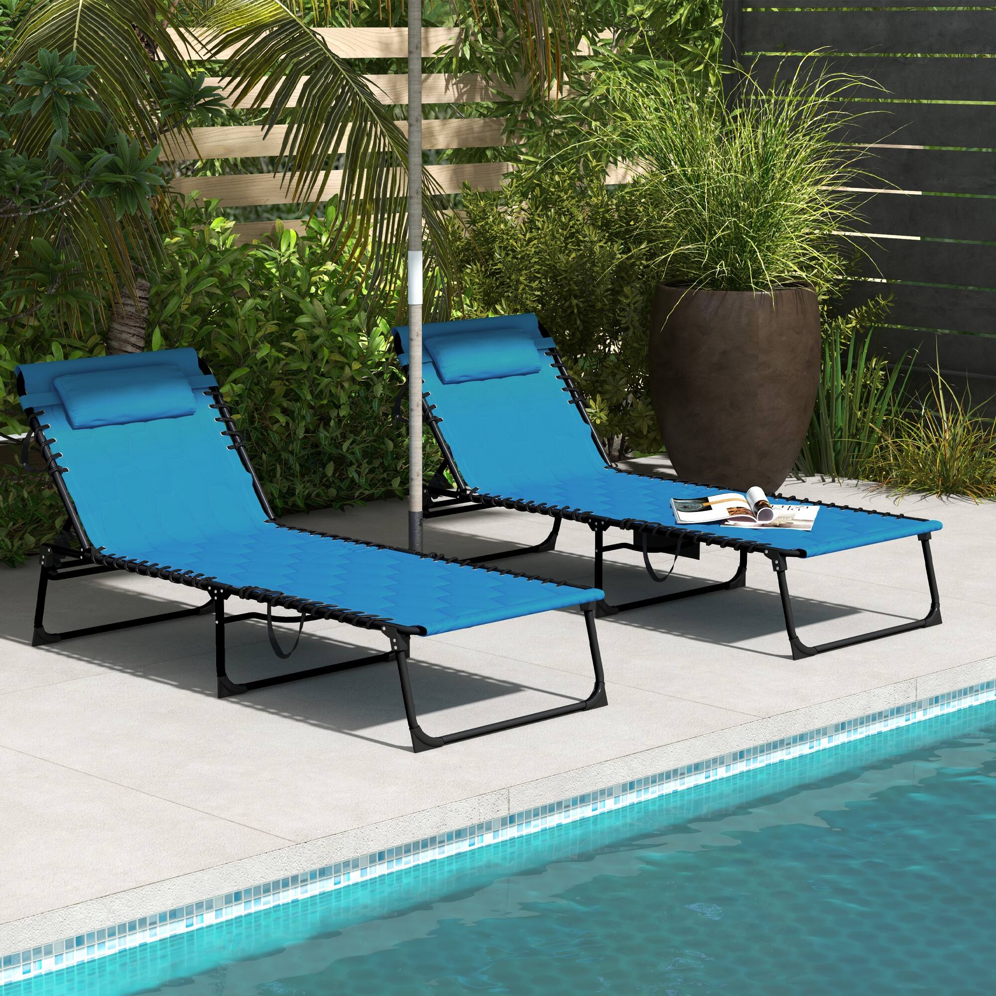 Alt View 1. Outsunny - Folding Chaise Lounge Set of 2 with 5-level Reclining Back, Outdoor Lounge Tanning Chair with Padded Seat - Sky Blue.