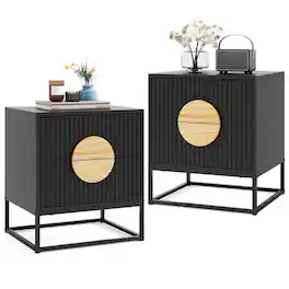 Costway - Fluted Nightstand with 2 Drawers with Pine Wood Handles & Metal Frame for Bedroom - Black