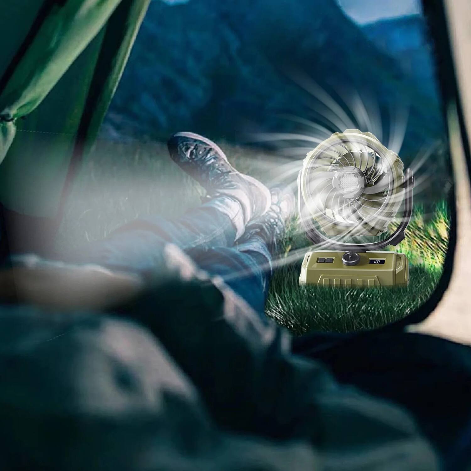 Back. Stock Preferred - 6000mAh Rechargeable Camping Tent Fan with LED Light Green.