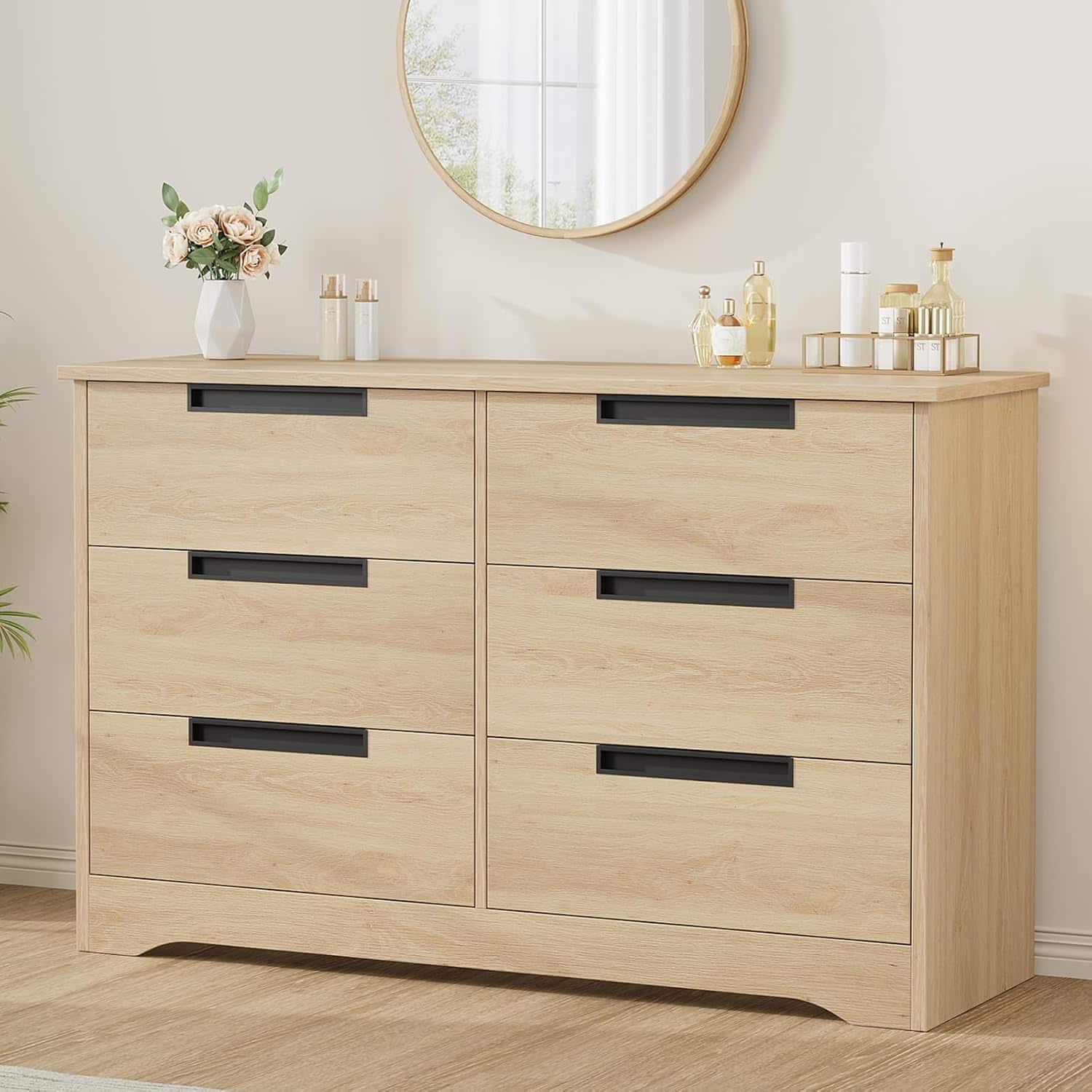 GARVEE - 6 Drawer Dresser for Bedroom, Natural Modern Double Dresser Organizer with Embedded Handles Design - ‎Natural