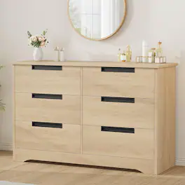 GARVEE - 6 Drawer Dresser for Bedroom, Natural Modern Double Dresser Organizer with Embedded Handles Design - Natural