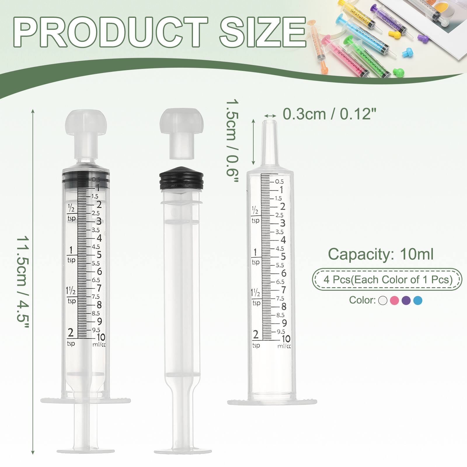 PRODUCT SIZE  
11.5cm / 4.5"  
0.3cm / 0.12"  

Capacity: 10ml  

4 Pcs (Each Color of 1 Pcs)  

Color: [Color options]