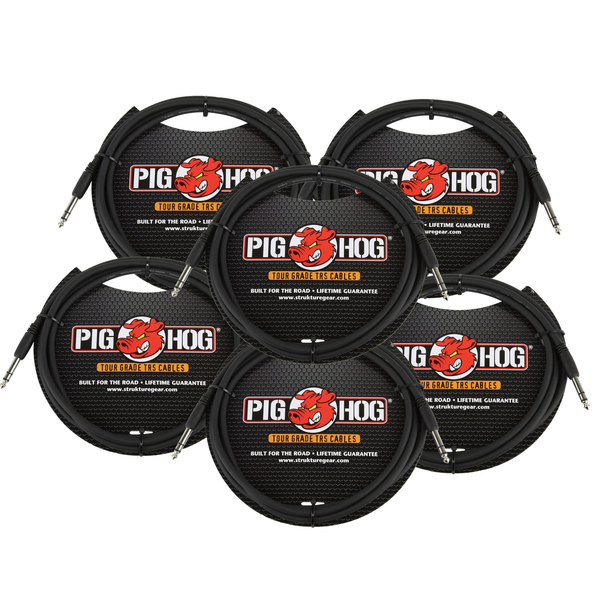 6x Pig Hog PTRS06 High Performance 1/4" TRS Instrument Cable, 6 Feet - Black