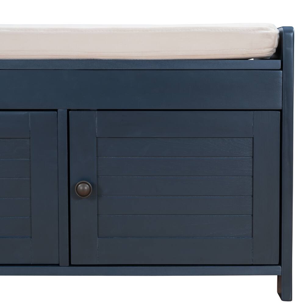 Alt View 1. Ropilly - Ropilly Antique Navy Storage Bench with Cushion and Shutter Doors, Rustic Entryway Shoe Bench - Antique Navy.