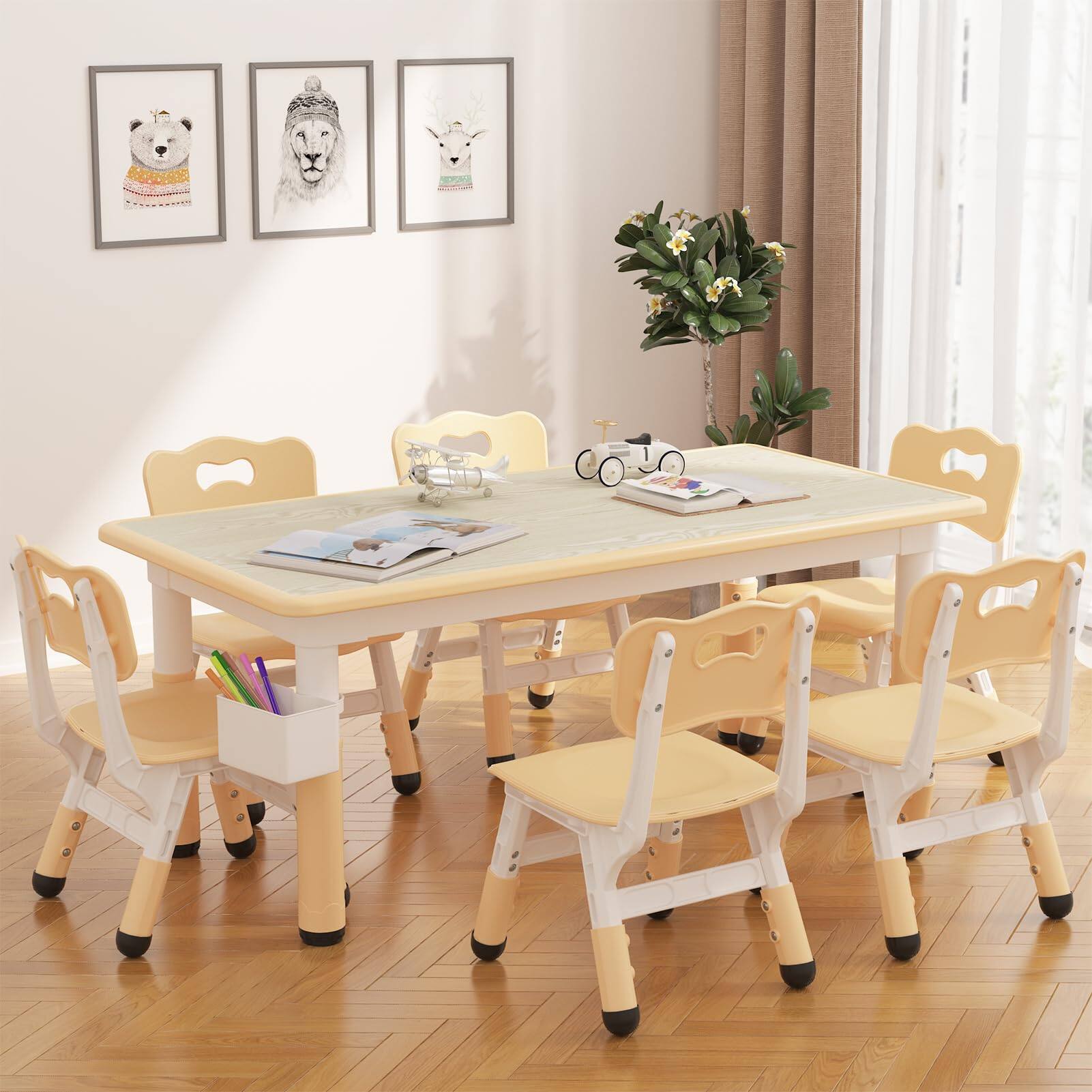 Left. Acekool - Kids Table & 6 Chairs Set with Storage Box, Graffiti Drawing Desktop, Height Adjustable Table Set for Ages 2-10 - Natural.