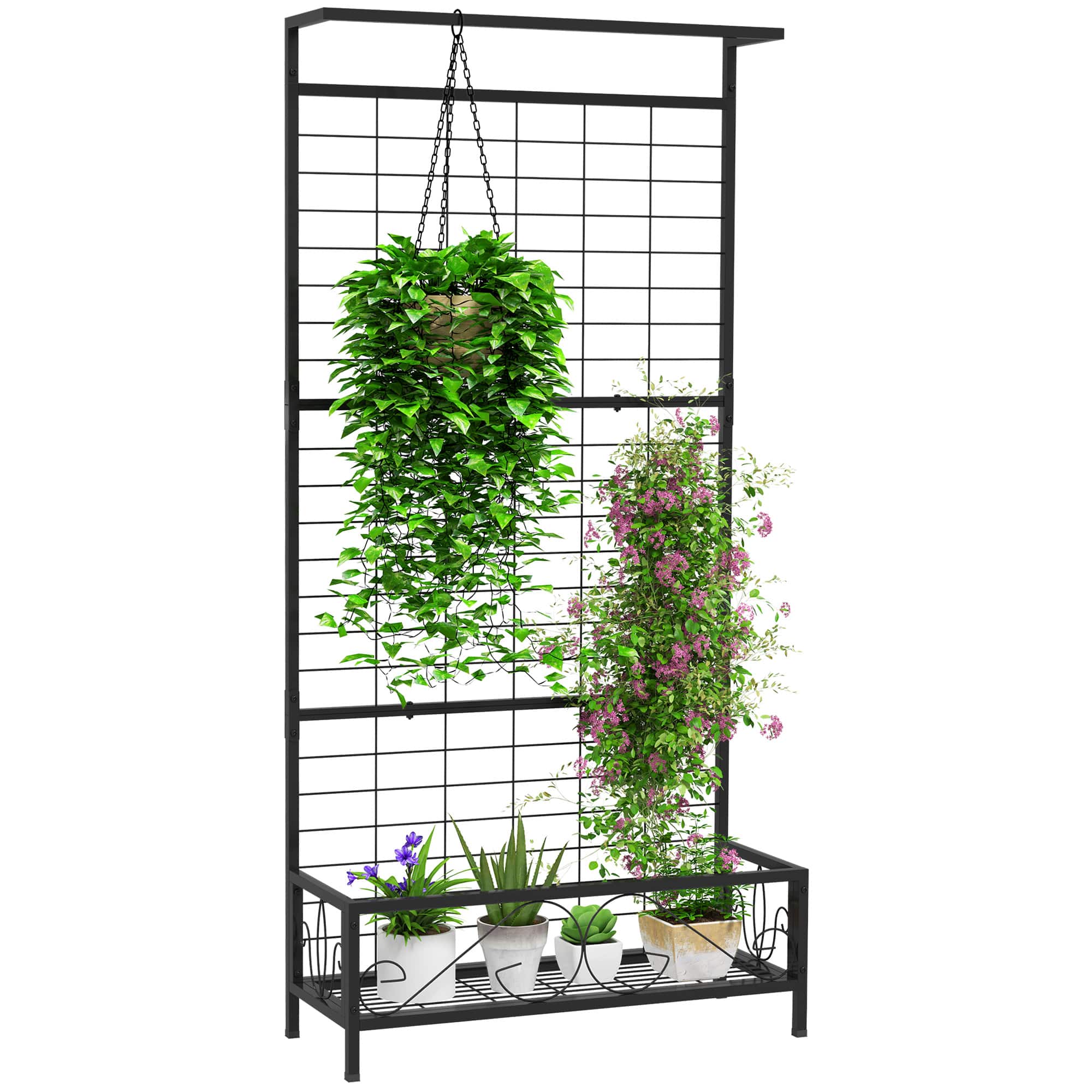 Outsunny - Tall Plant Stand with Trellis and Hanging Bar, Metal Plant Holder Flower Stand - Black