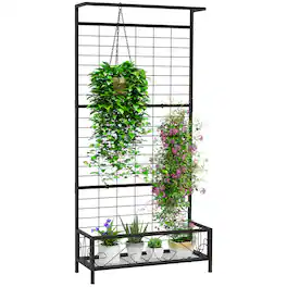Outsunny - Tall Plant Stand with Trellis and Hanging Bar, Metal Plant Holder Flower Stand - Black