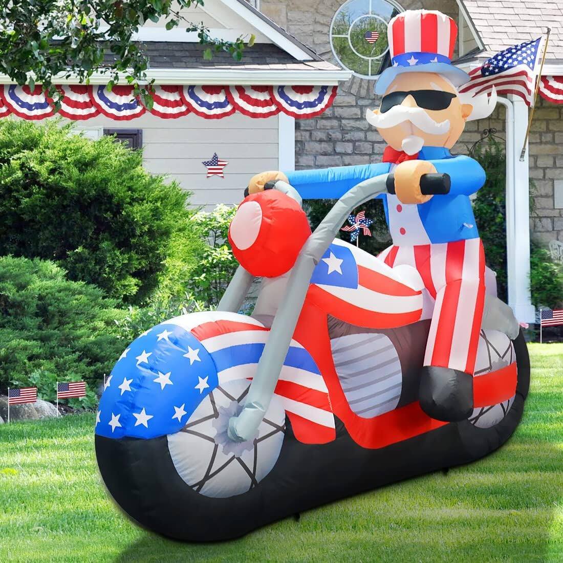 Back. GOOSH Inflatables - GOOSH 6FT Patriotic Independence Day Inflatable Uncle Sam Sitting on Motorcycle with LED Lights - Blue.