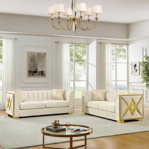 Angle. Anysun - 81" 3-Seat Velvet Chesterfield Sofa - Button Tufted, Gold Stainless Steel Accents, Includes 2 Pillows - Beige.