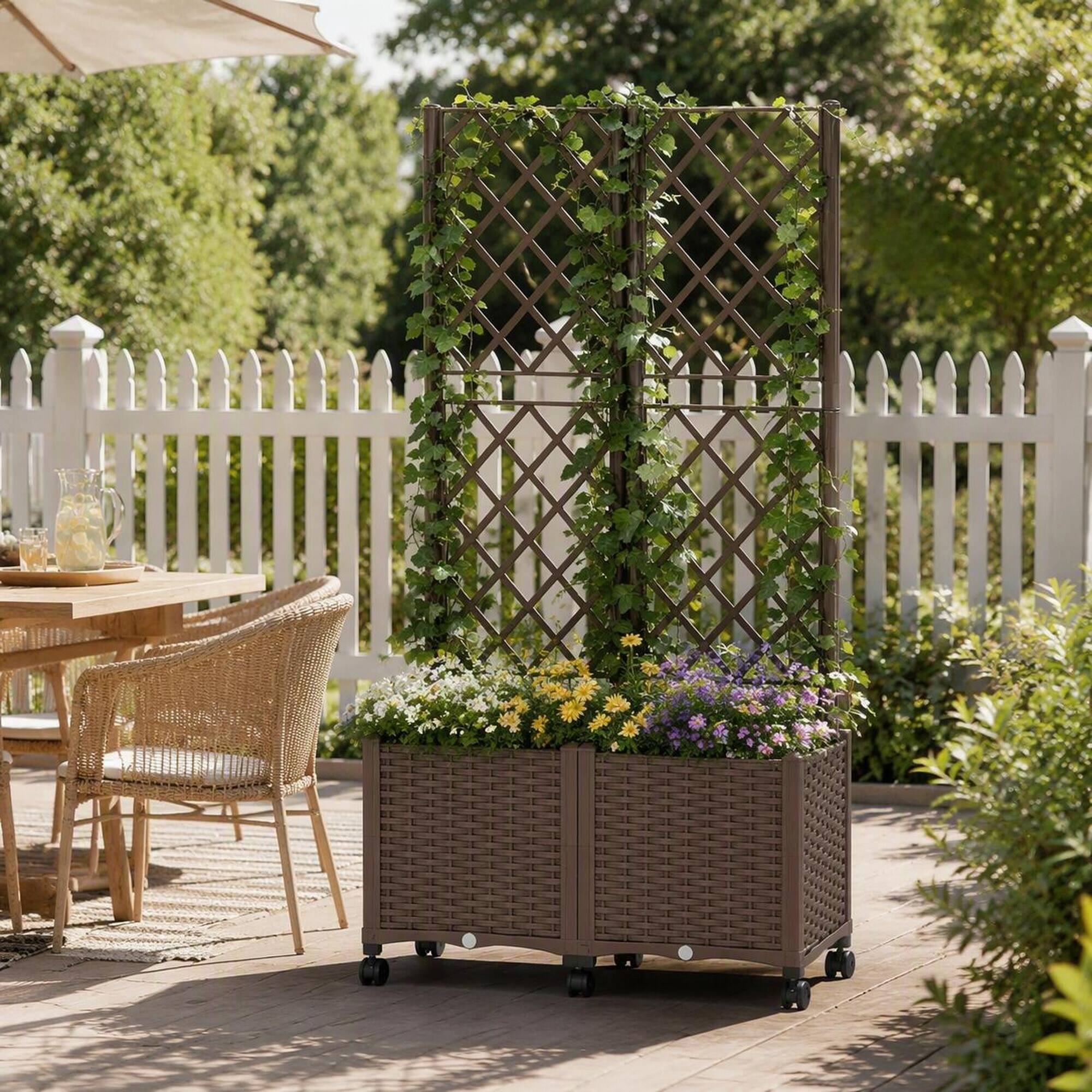 Back. RYHNUYNE - Mobile Raised Garden Bed with Trellis and Self-Watering Reservoir, Wicker Brown PP Plastic Planter on Wheels - Brown.