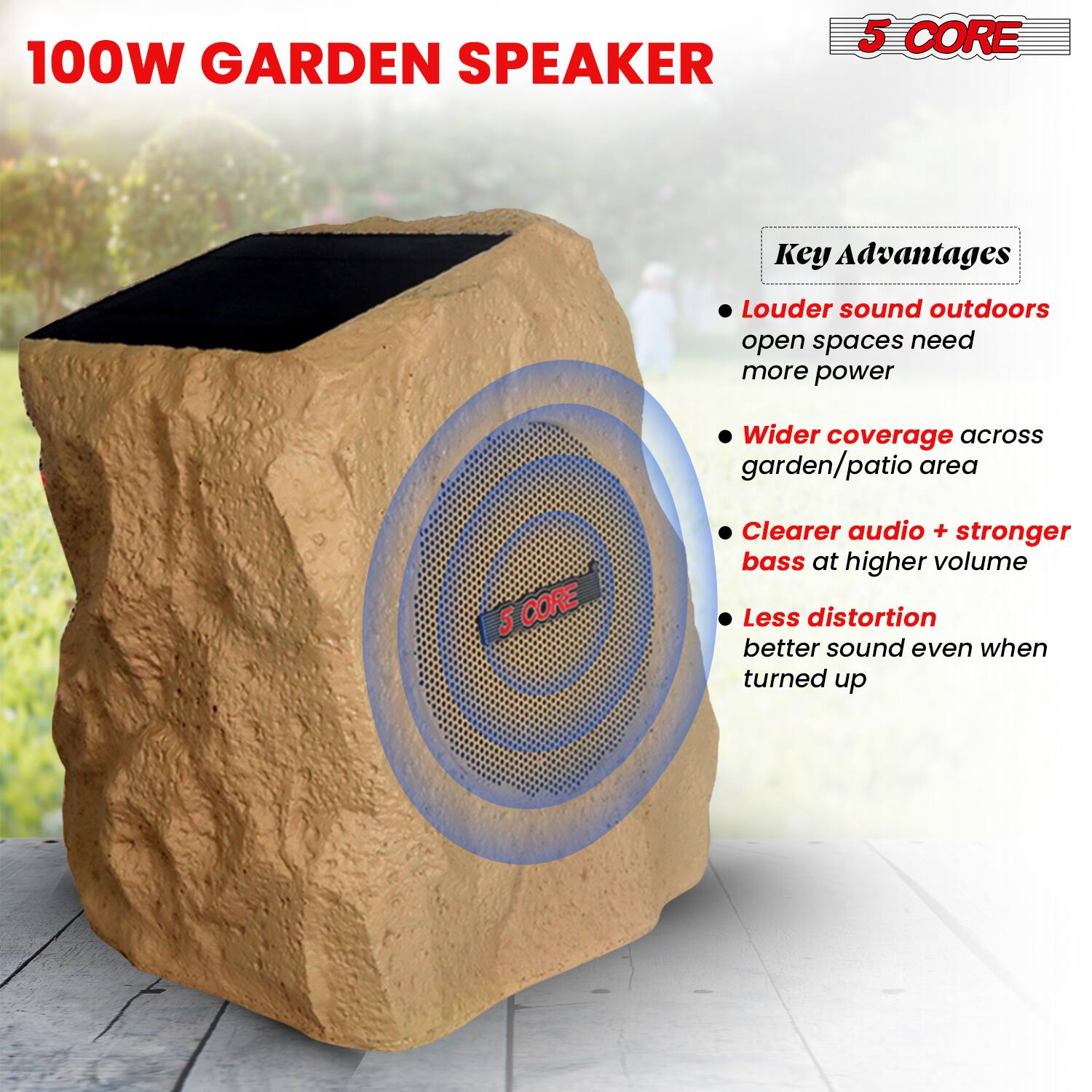 100W GARDEN SPEAKER

5 CORE

Key Advantages
- Louder sound outdoors
  open spaces need more power
- Wider coverage across garden/patio area
- Clearer audio + stronger bass at higher volume
- Less distortion
  better sound even when turned up