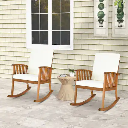 Front. Gymax - Gymax 2PCS Patio Wooden Rocking Chair Lawn Garden Outdoor w/ Armrest Cushion - Teak.