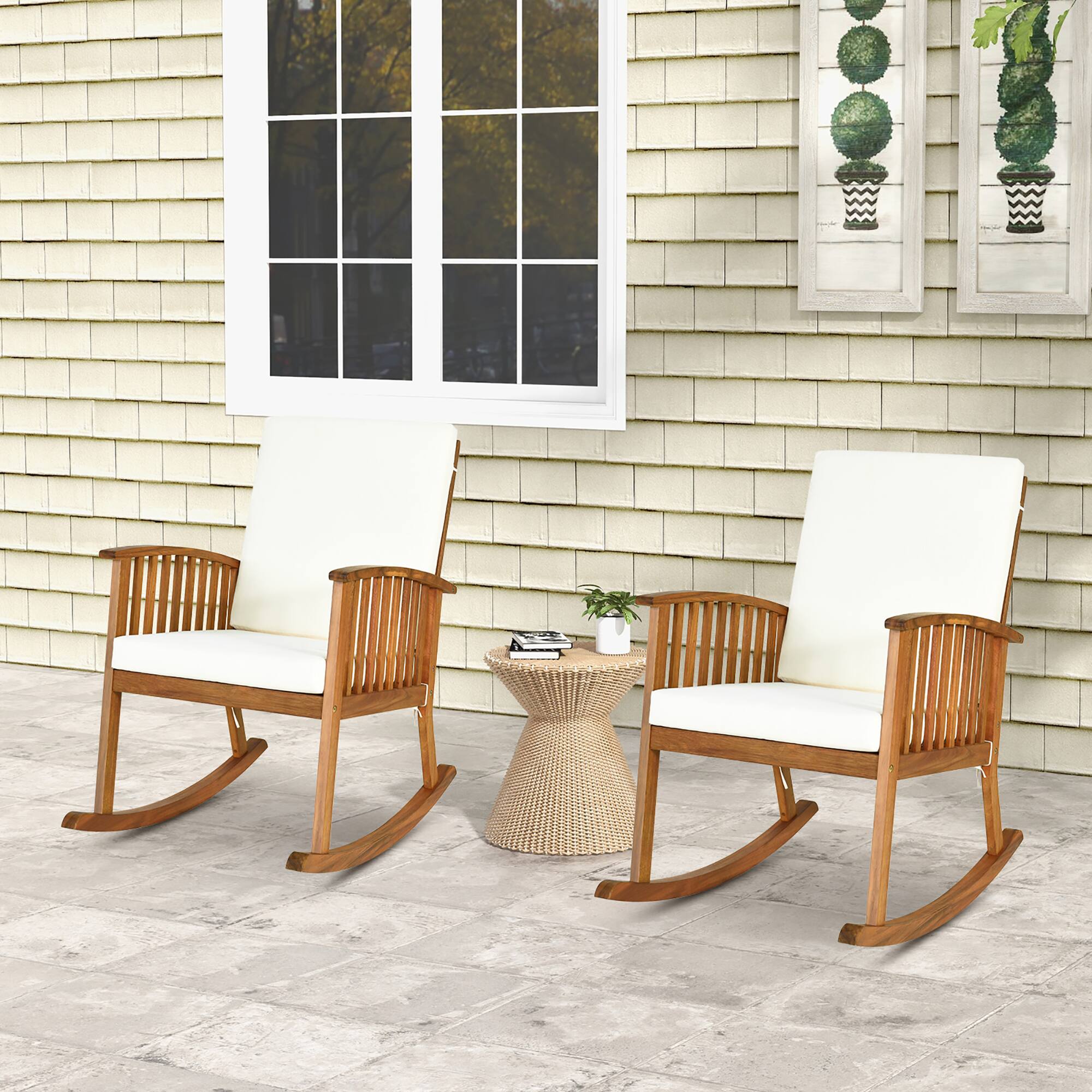 Gymax - 2PCS Patio Wooden Rocking Chair Lawn Garden Outdoor w/ Armrest Cushion - Teak