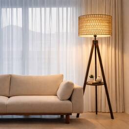 Malletson - 59'' Tall Boho Tripod Floor Lamp with Shelves, Mid-Century Modern Wood Standing Lamp with Rattan and Fabric Shades