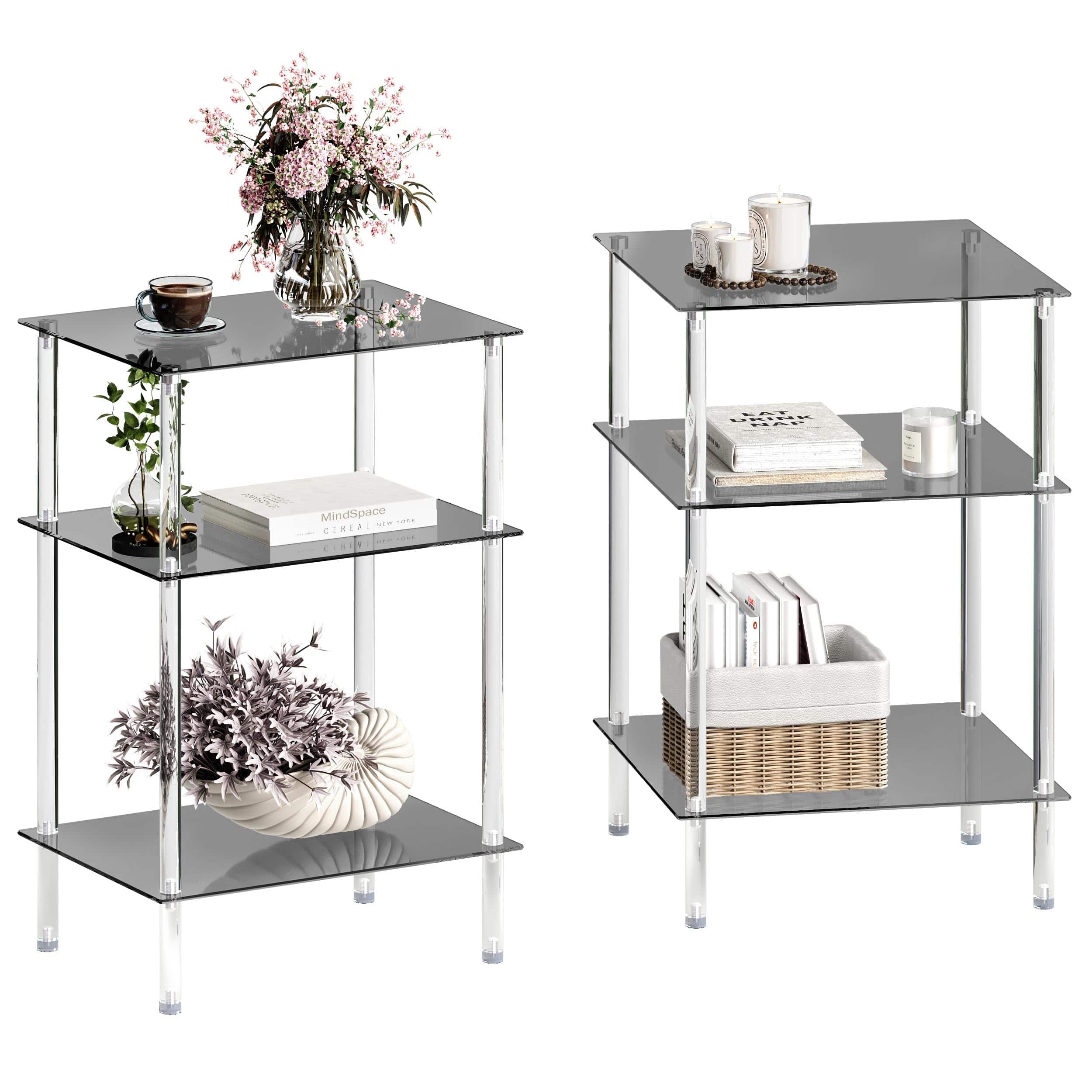 JETRANSPORT - Tempered Glass Side Tables Set Of 2 End Table With Storage Shelve Transparent Bedside Simplicity Clear 2-tier - Black 3 tier High