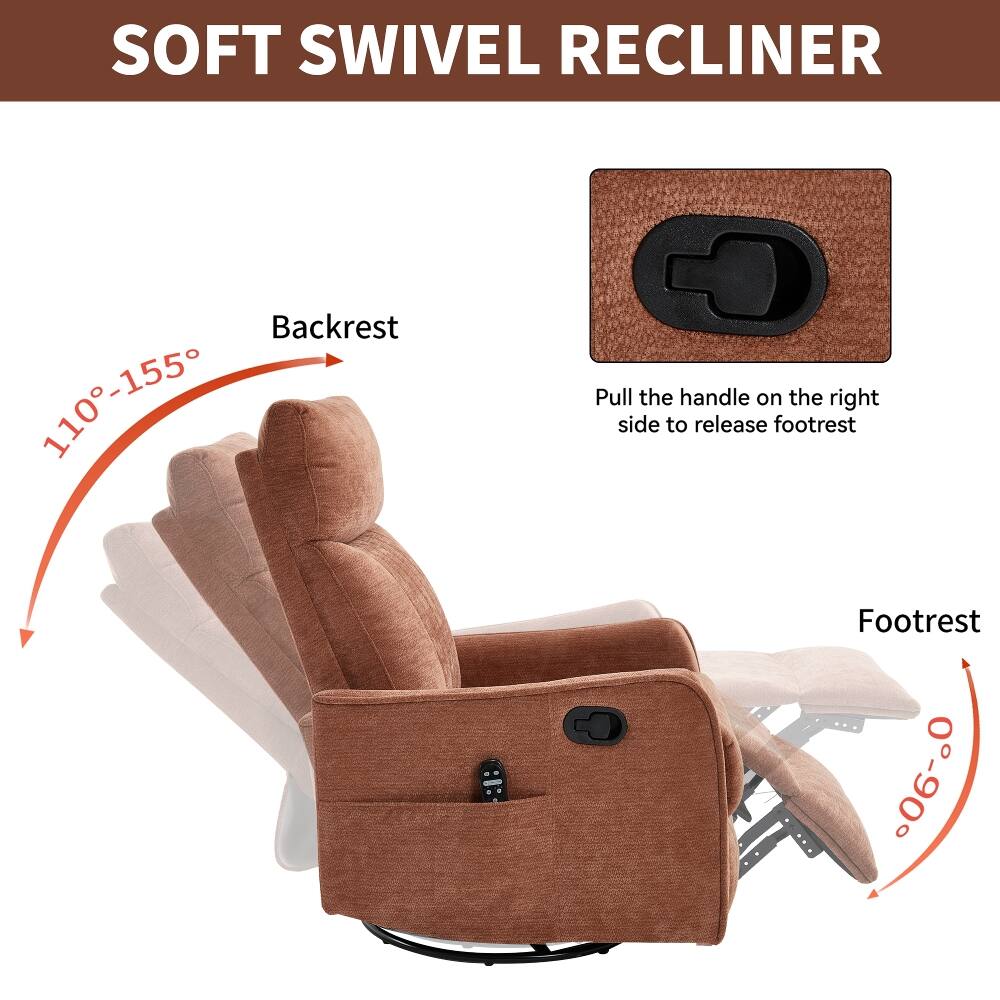 SOFT SWIVEL RECLINER

Backrest 110-155°

Pull the handle on the right side to release footrest

Footrest 0-90°