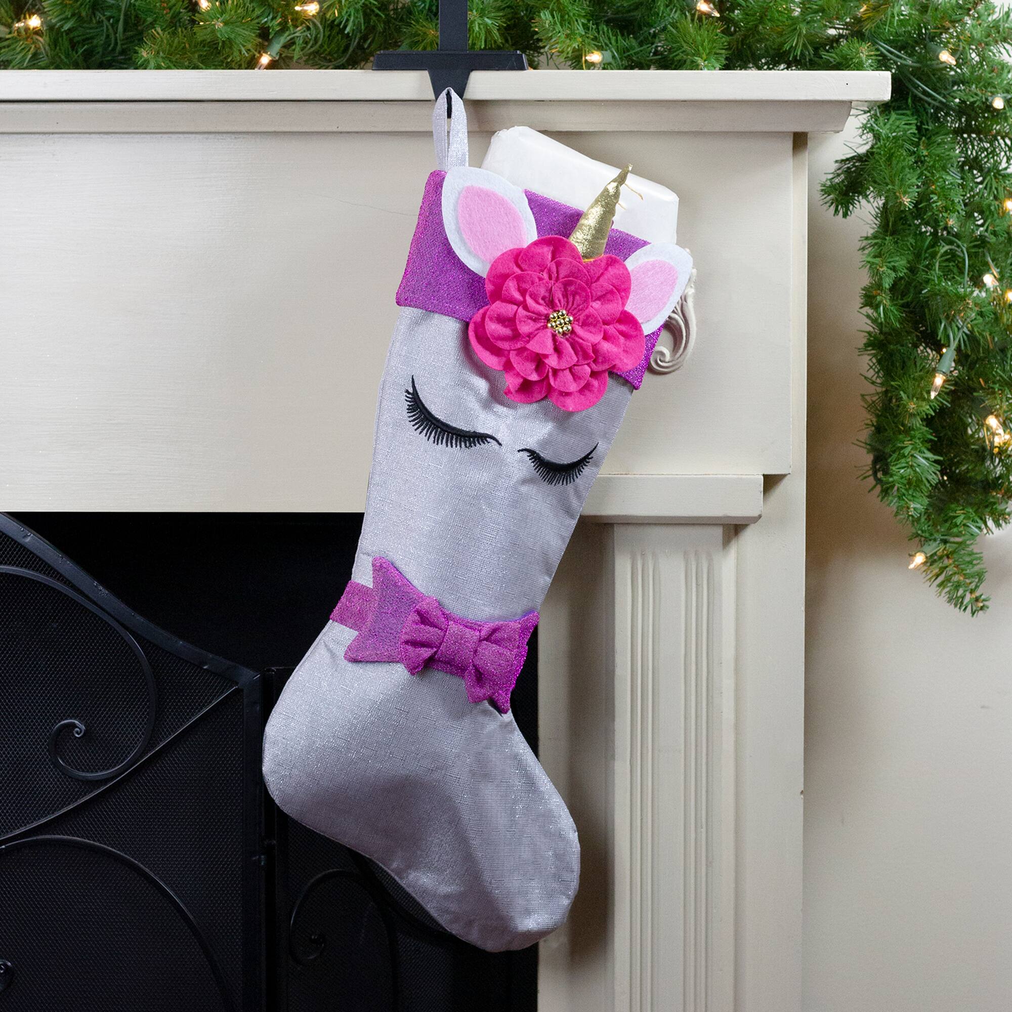 Alt View 1. Dyno - 20" White Unicorn Face Christmas Stocking with Purple Bow and Cuff - White.