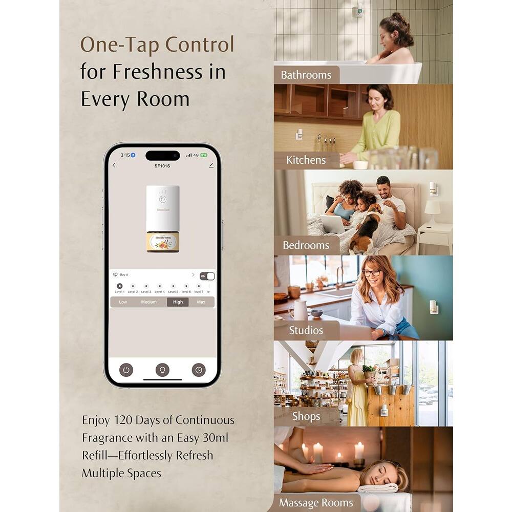 One-Tap Control for Freshness in Every Room

Bathrooms
Kitchens
Bedrooms
Studios
Shops
Massage Rooms

Enjoy 120 Days of Continuous Fragrance with an Easy 30ml Refill—Effortlessly Refresh Multiple Spaces