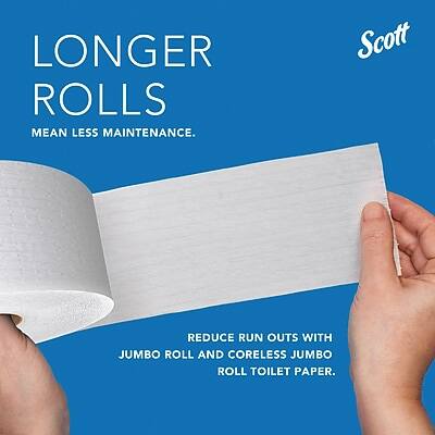 LONGER ROLLS MEAN LESS MAINTENANCE.

Scott

REDUCE RUN OUTS WITH JUMBO ROLL AND CORELESS JUMBO ROLL TOILET PAPER.