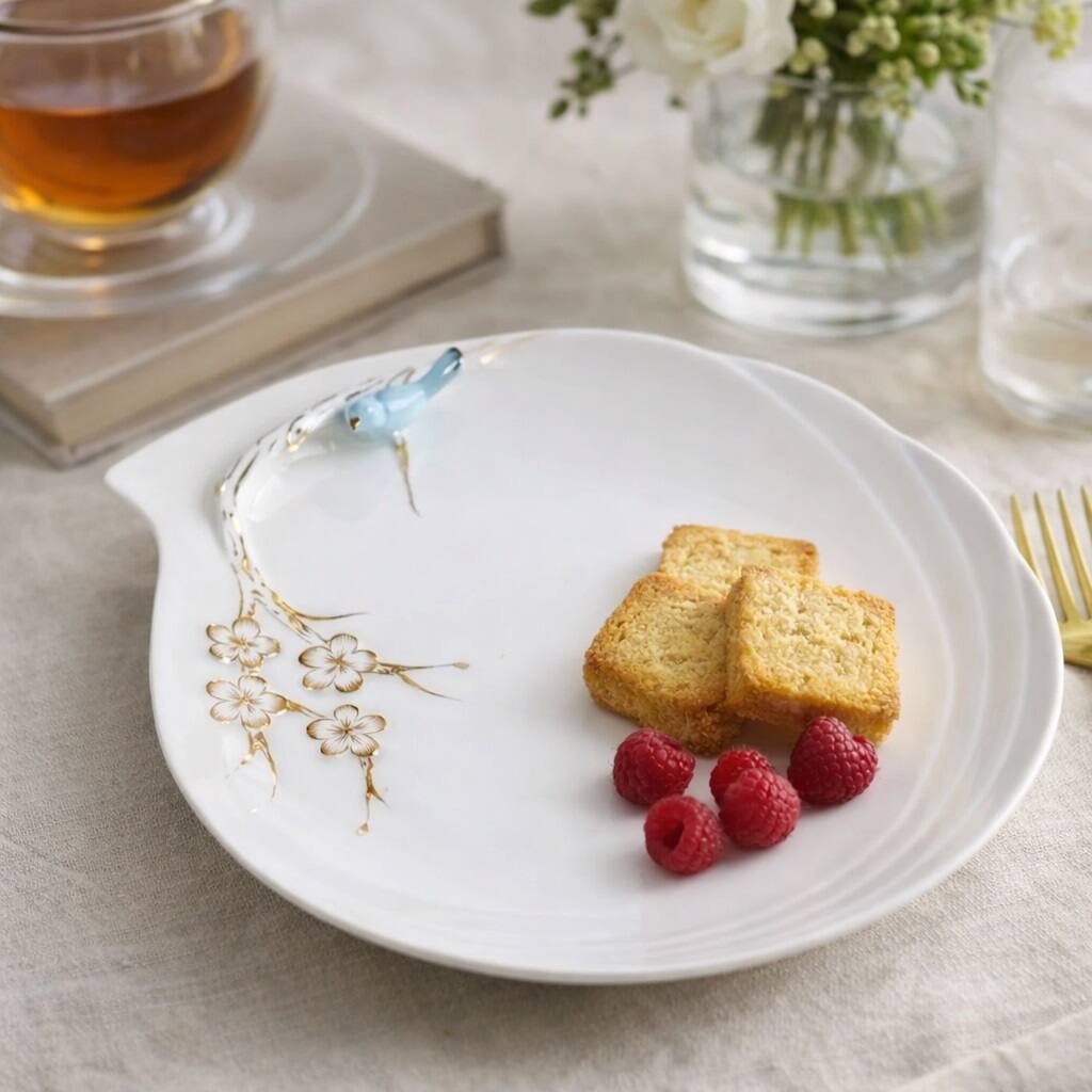 Angle. Jiallo - 9.5" Ceramic Plate with Blue Bird and Gold Flowers - Blue.
