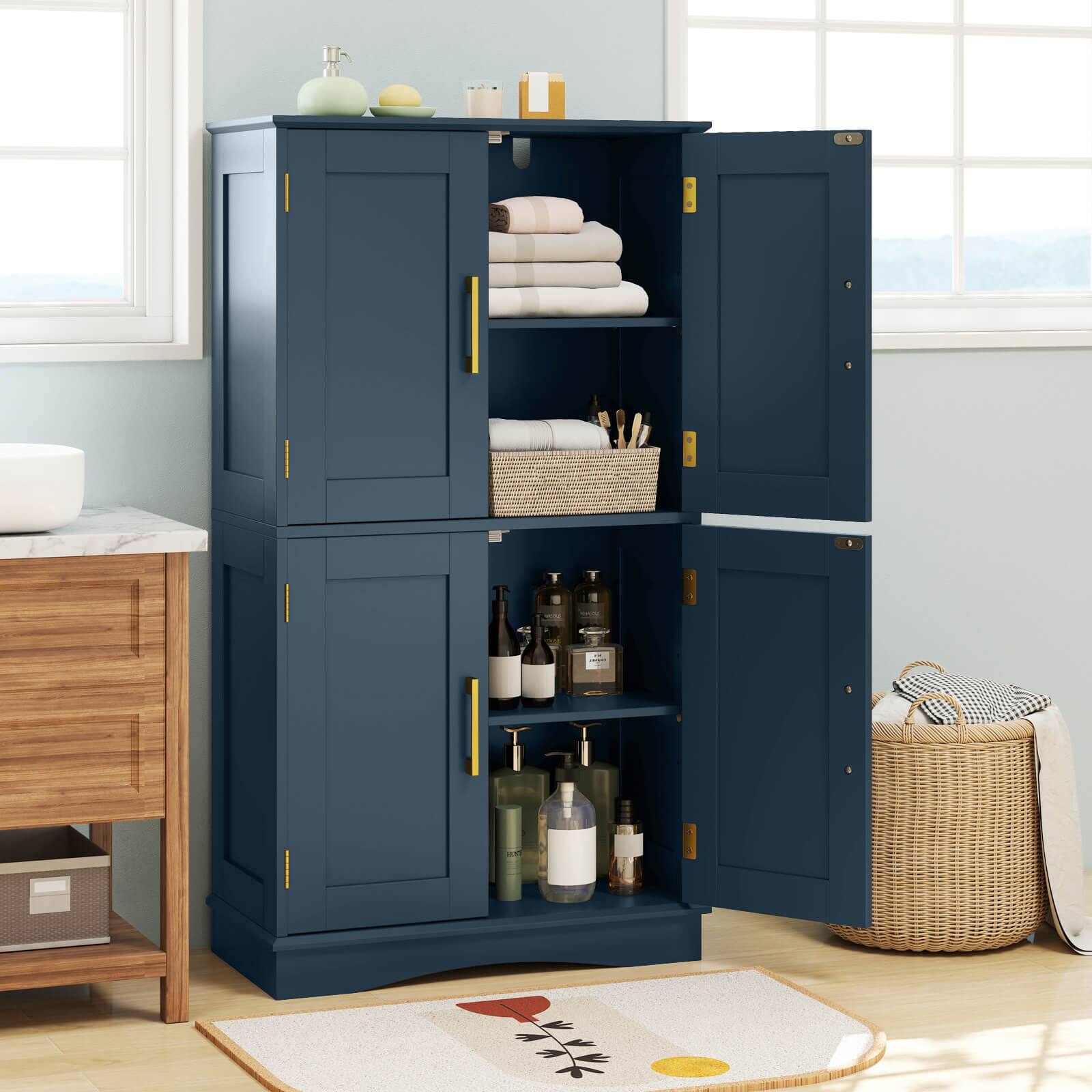 Alt View 3. Costway - Costway Bathroom Floor Storage Cabinet 43.5" Freestanding Pantry Cabinet with 4 Doors - Blue.