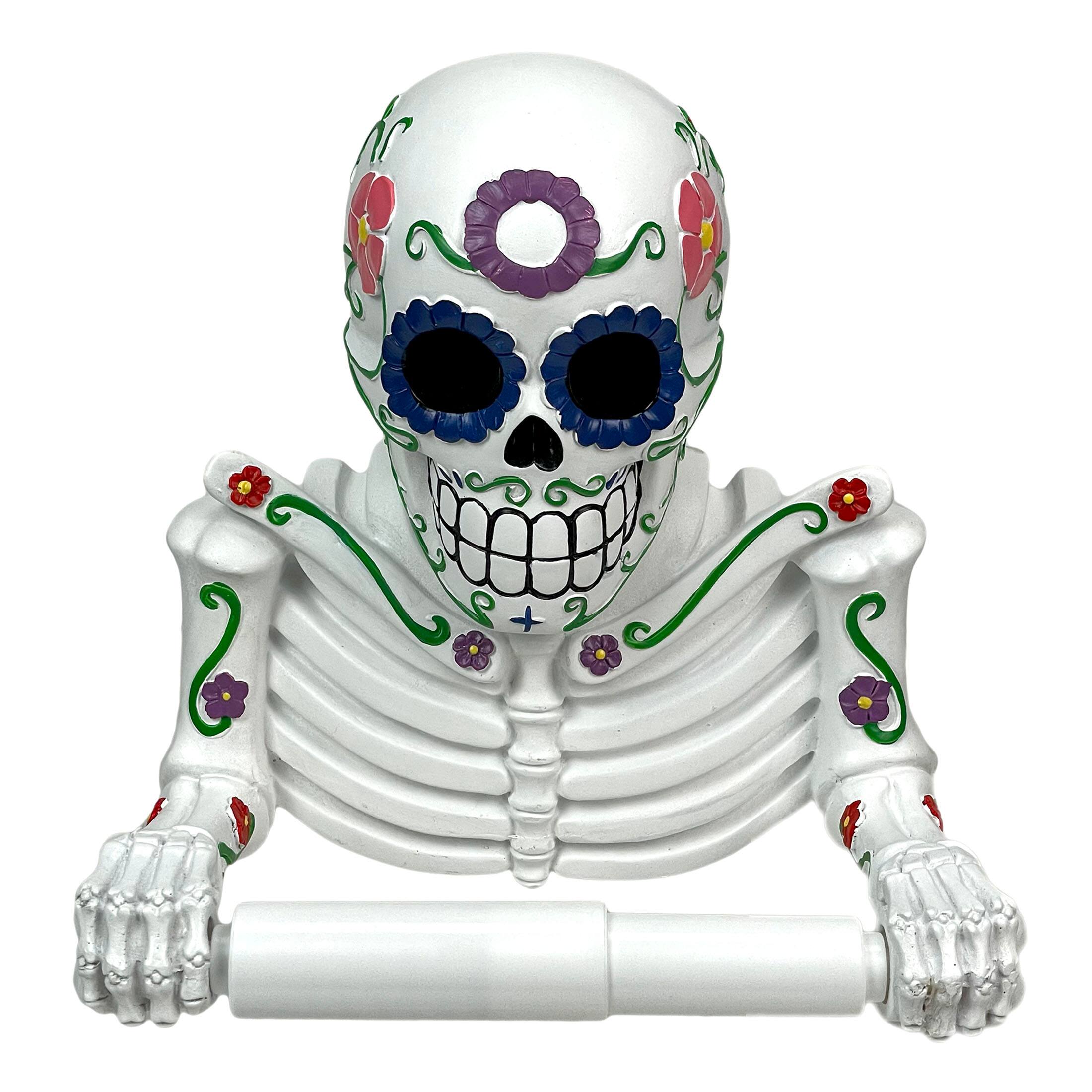 Front. Zeckos - Smelly Skelly White Day of the Dead Sugar Skull Toilet Tissue Holder - White.