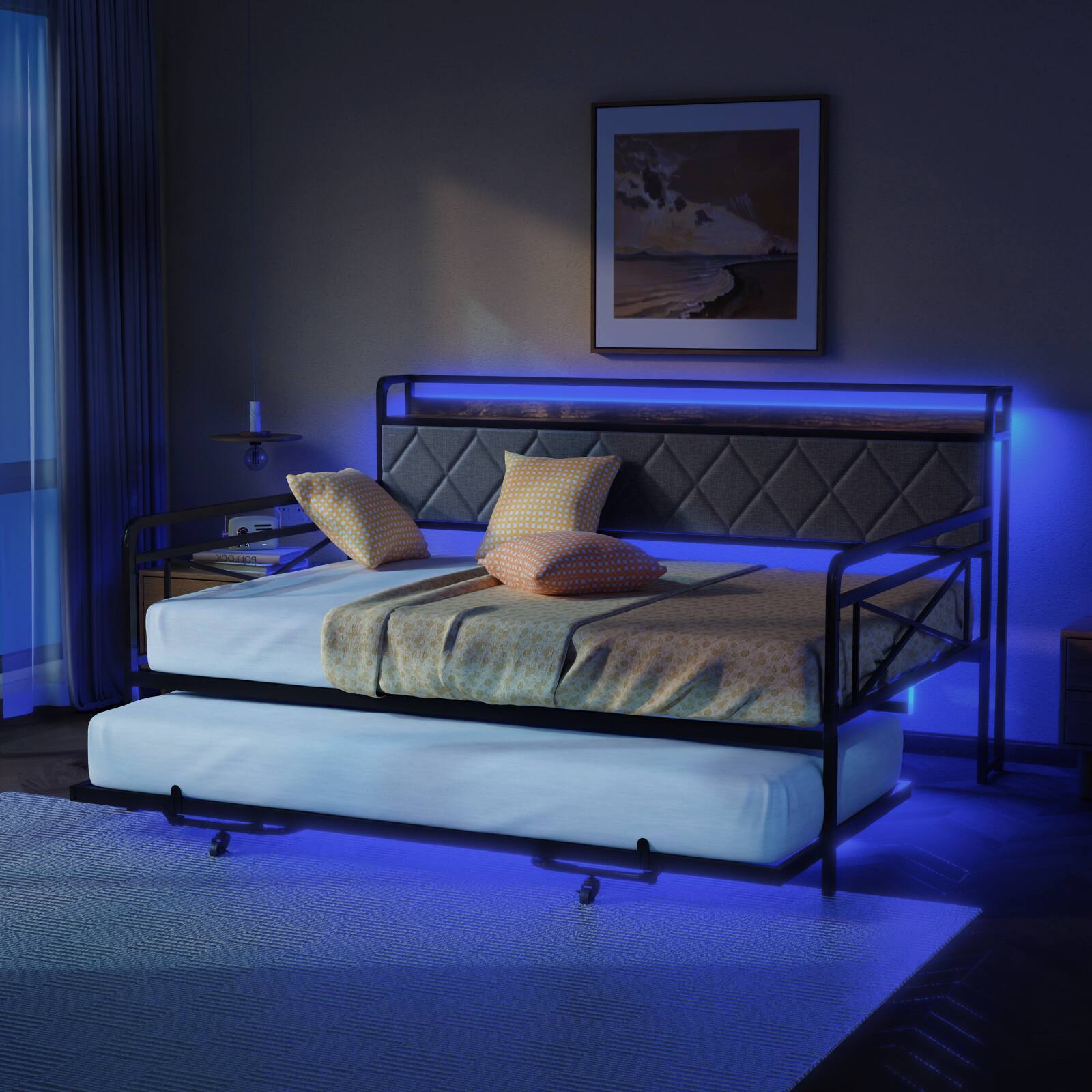 Alt View 5. Winado - Full Daybed with Trundle Bed Sofa DayBed with LED Light & Charing Station Upholstered Bed Frame with Storage Headboard - Black & Fabric Grey.