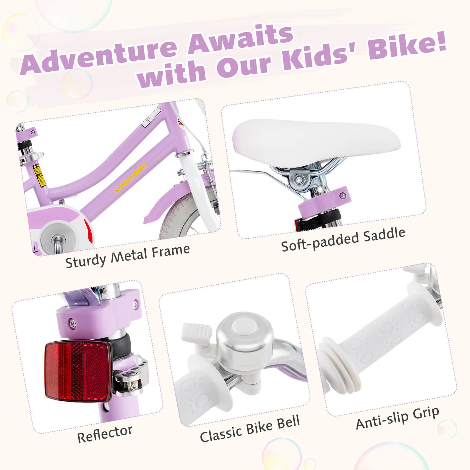 Adventure Awaits with Our Kids' Bike!  
- Sturdy Metal Frame  
- Soft-padded Saddle  
- Reflector  
- Classic Bike Bell  
- Anti-slip Grip