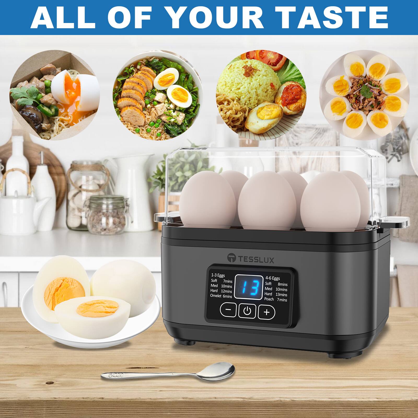 ALL OF YOUR TASTE

TESSLUX

1-3 Eggs
Soft 7mins
Med 10mins
Hard 12mins

4-6 Eggs
Soft 8mins
Med 10mins
Hard 12mins

Omelet 4-6mins
Peach 7mins