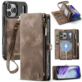 UUCOVER - Detachable Magnetic Zipper Wallet Case for Apple iPhone 18 Pro with RFID Card Slots & Wrist Strap, Flip Kickstand Cover - Darkbrown