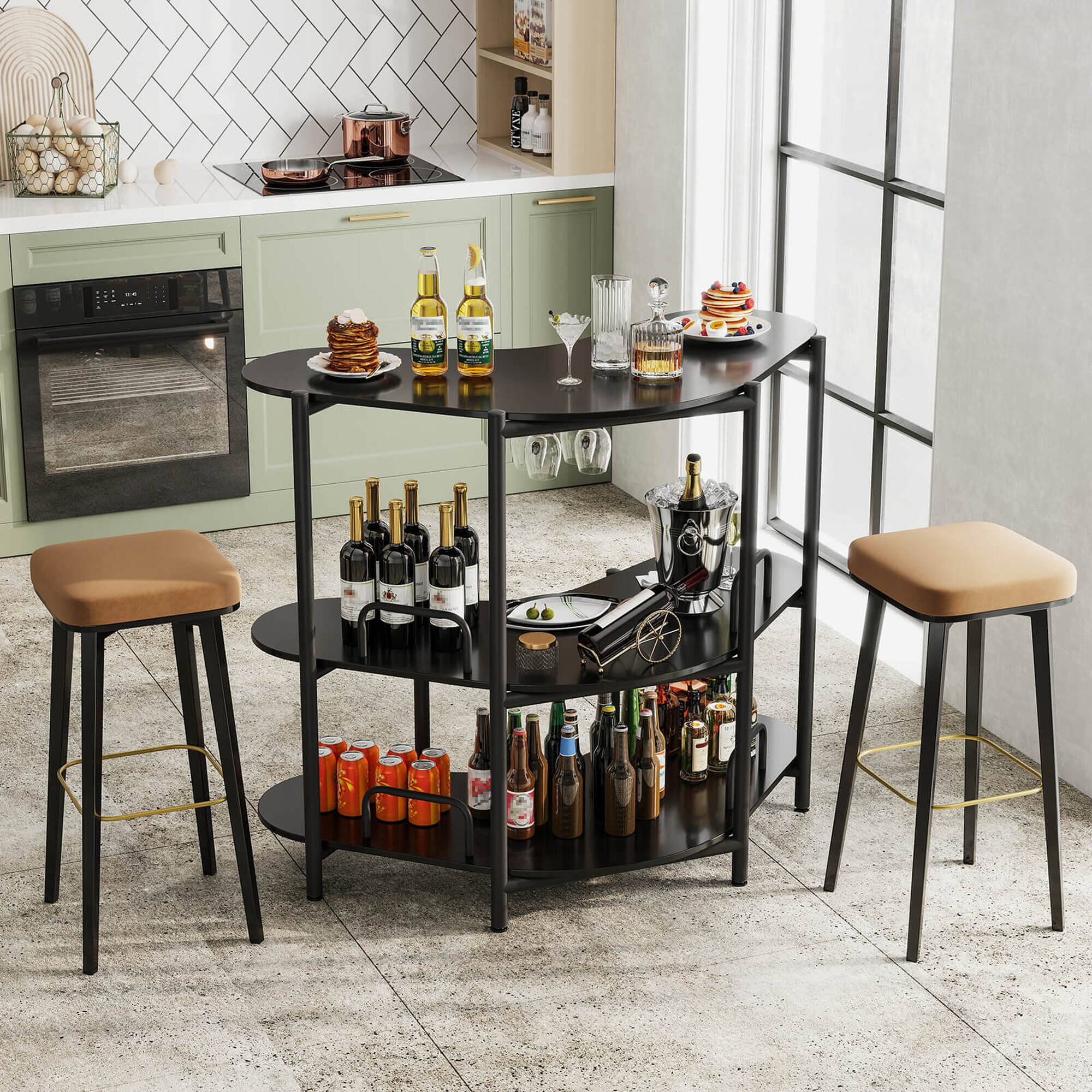 Alt View 3. Costway - Costway 3-Tier Home Bar Unit with Stemware Racks & Storage Shelves with Metal Frame Black - Black.