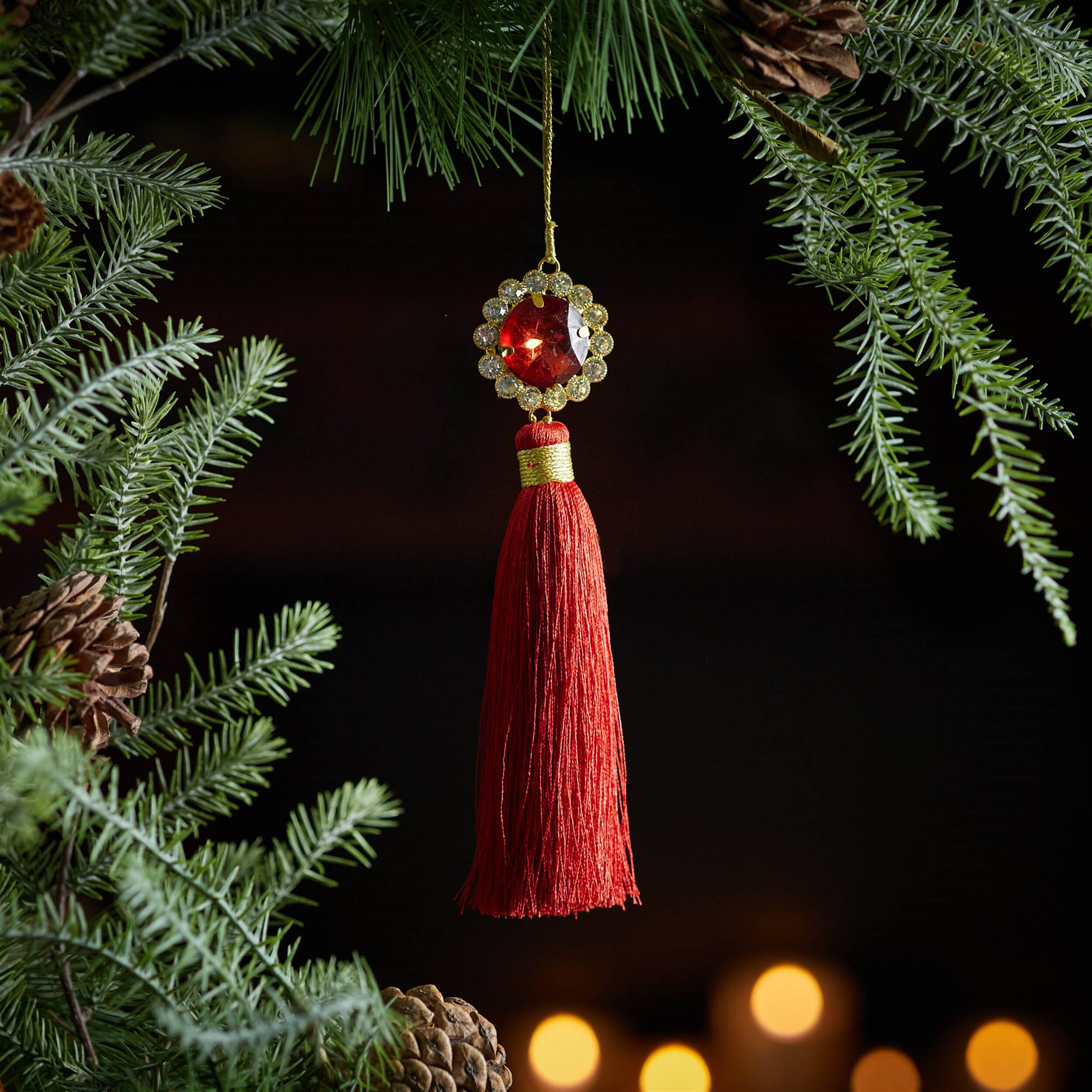 Angle. BreeBe - Holiday Jewel Tassle Ornament (Set of 6) - Red, Gold.