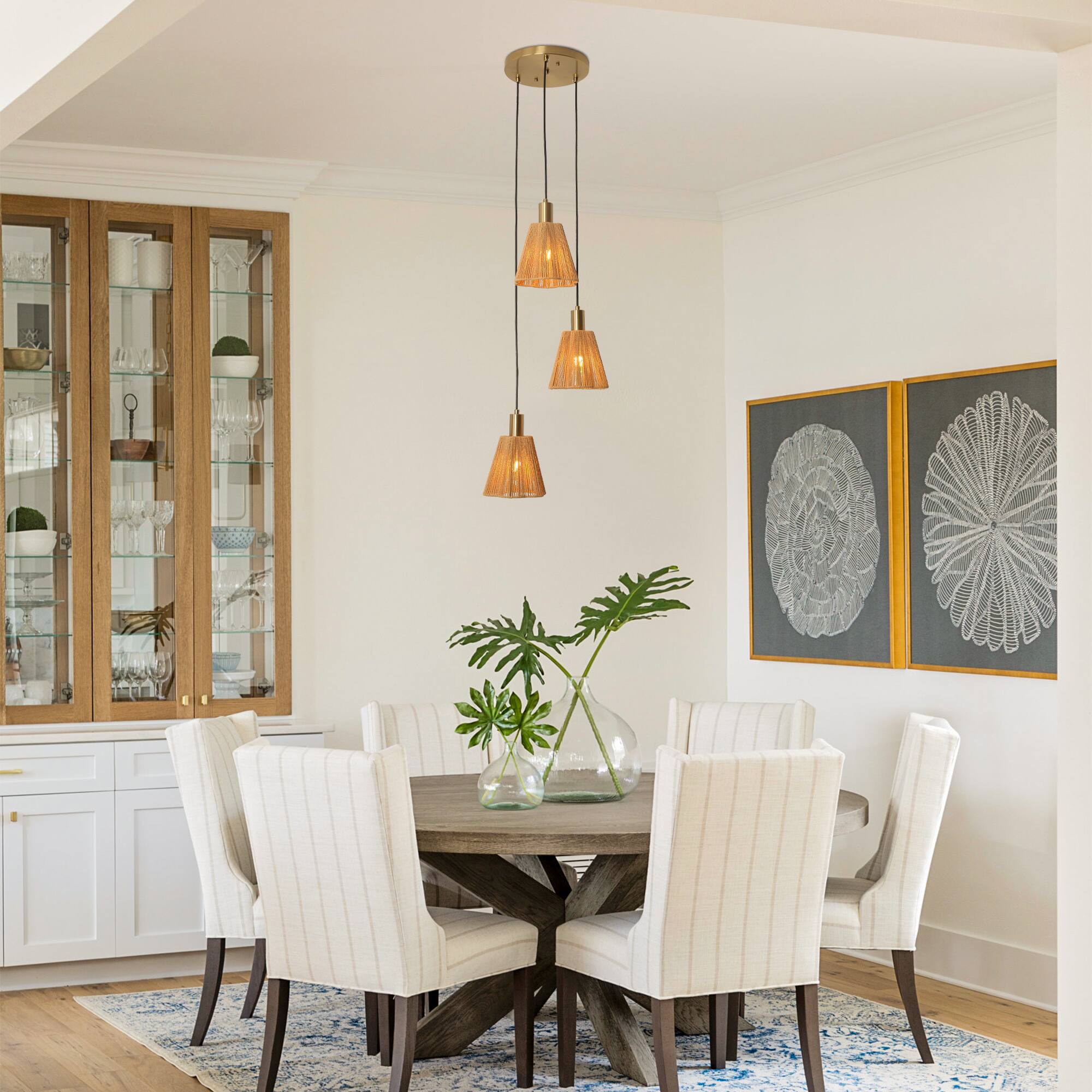 Back. Parrot Uncle - 15" W Rustic Brass 3-Light Kitchen Island Pendant Light with Paper Rope Shades - Gold.