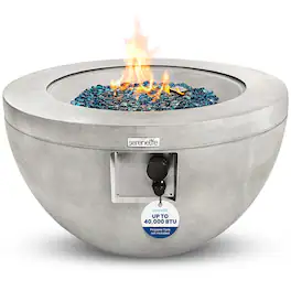 SereneLife - Outdoor Propane Fire Pit Table, 40,000 BTU, Round, Adjustable Flame, PVC Cover, Lava Rock - SLNFBAL7 - Gray