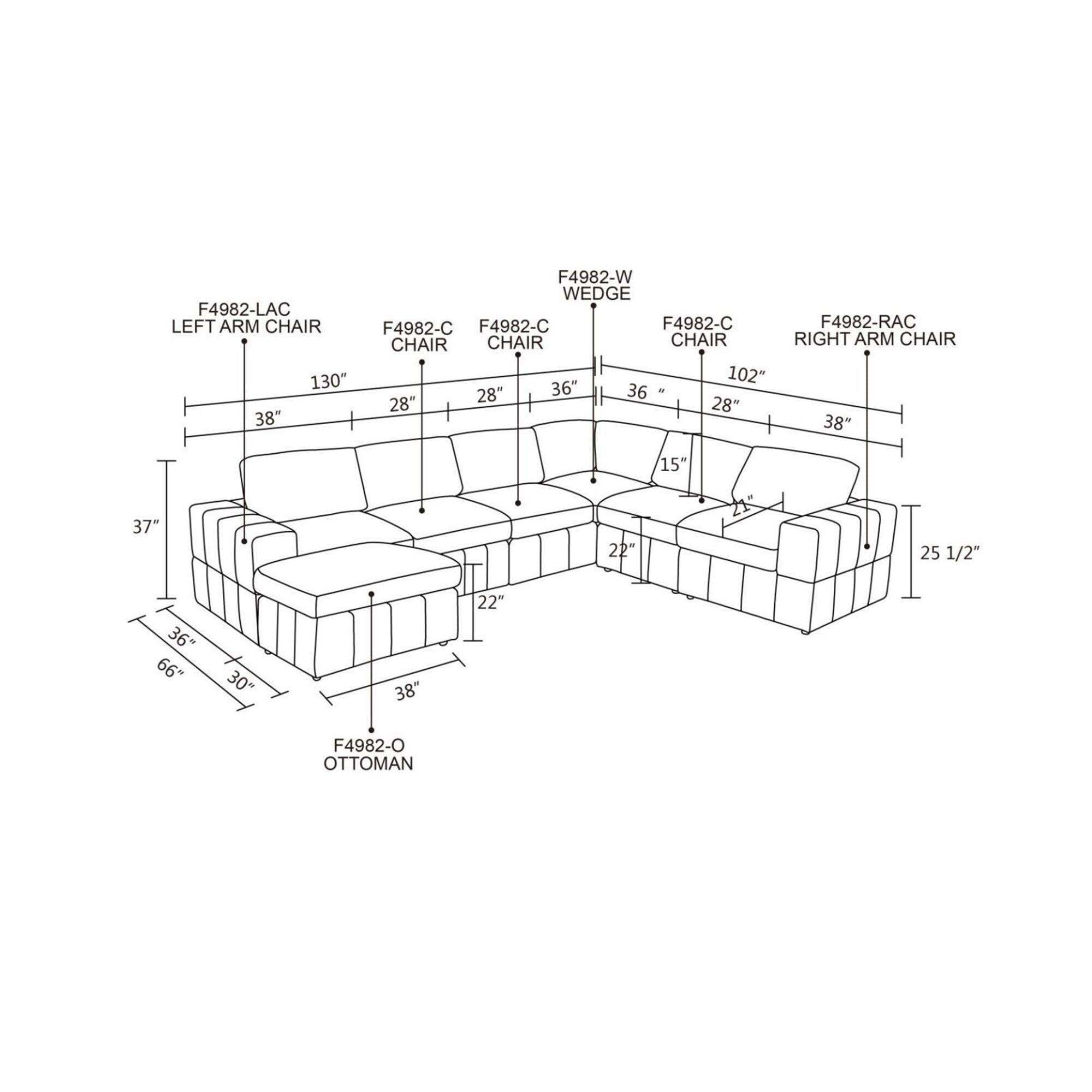 F4982-LAC LEFT ARM CHAIR 130" 38"  
F4982-W WEDGE  
F4982-C CHAIR  
F4982-C CHAIR  
F4982-C CHAIR  
F4982-RAC RIGHT ARM CHAIR 102" 28" 36" 36" 28" 28" 38" 37" 22" 15" 2K 25 1/2" 36" 66" 30" 38" 22"  
F4982-O OTTOMAN