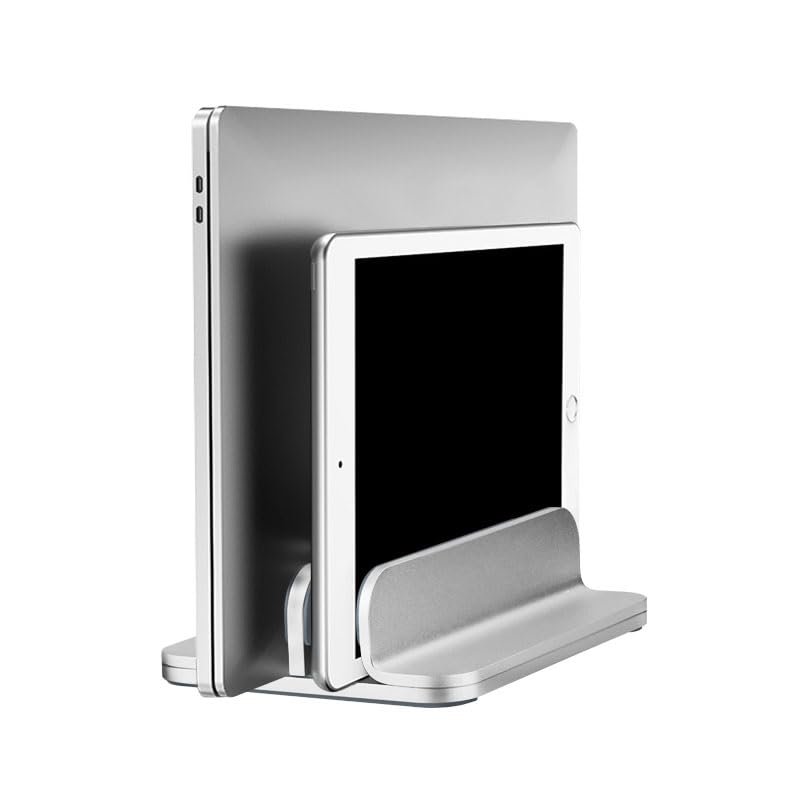 Left. HongFei - Aluminum Alloy Double Slot Storage Port Vertical Laptop Stand, adjustable, for all MacBook models - silver.