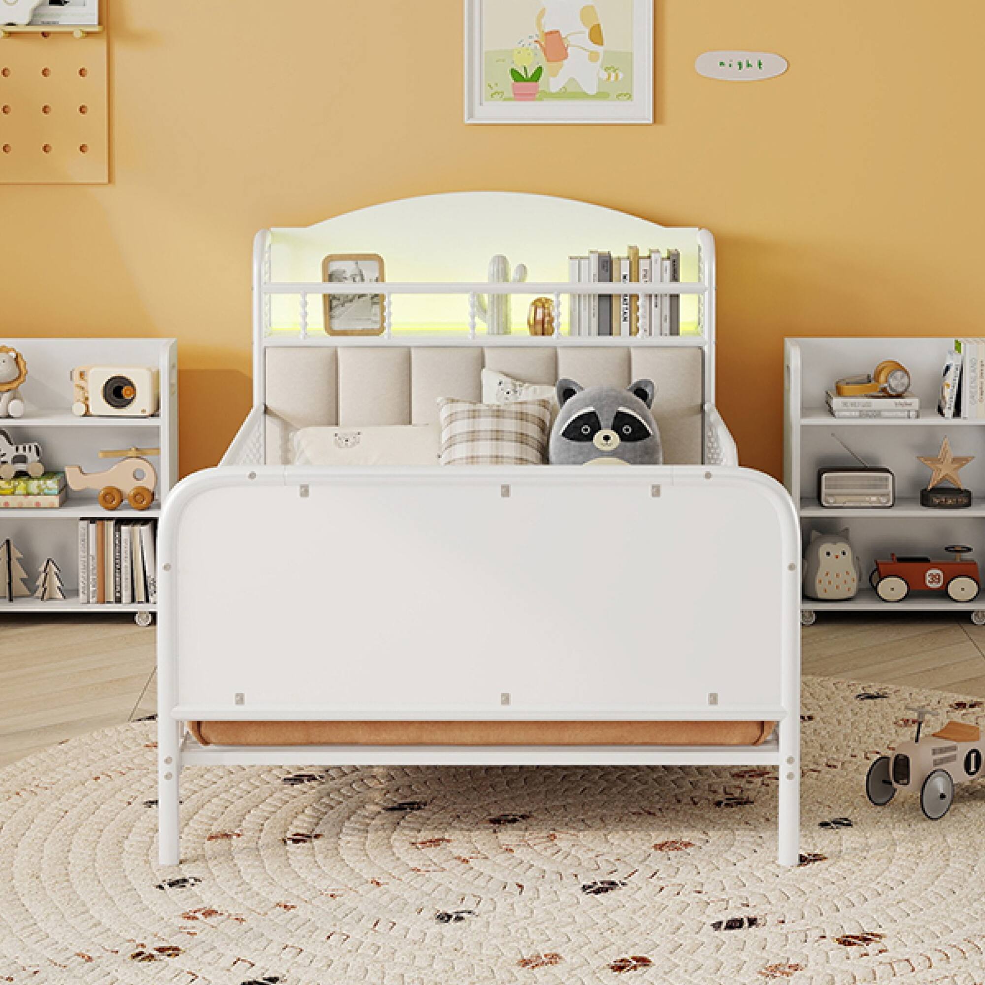 Alt View 5. GOODSILO - Twin Size Metal Platform Bed Frame with LED Lights and Pull-Out Storage Shelves for Kids - White.